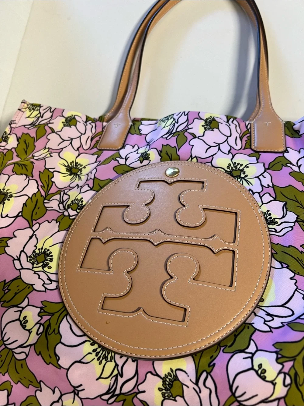 Tory Burch Pink Floral Tote with Tan Leather Trim